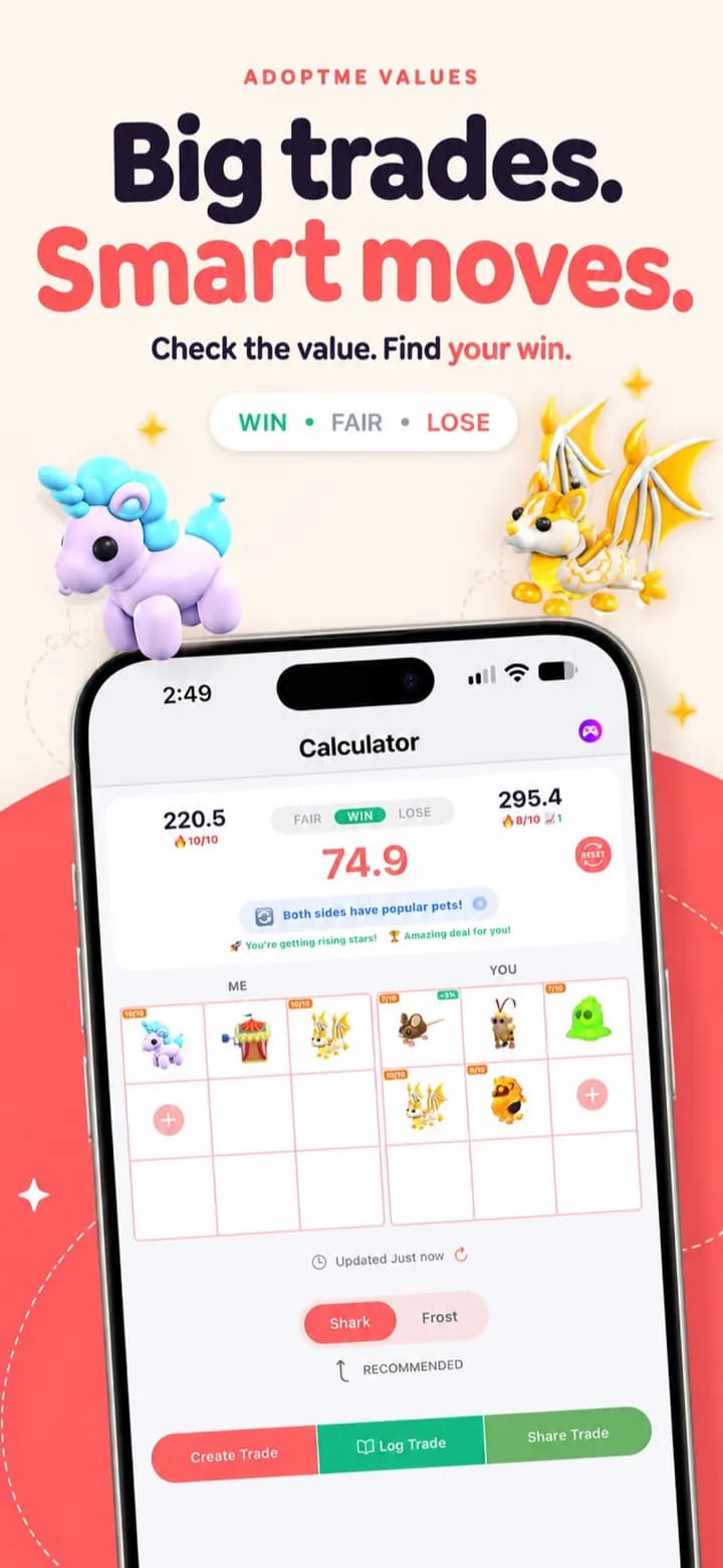 AdoptMe Values app trade calculator comparing two sides of a pet trade with a Win, Fair or Lose result