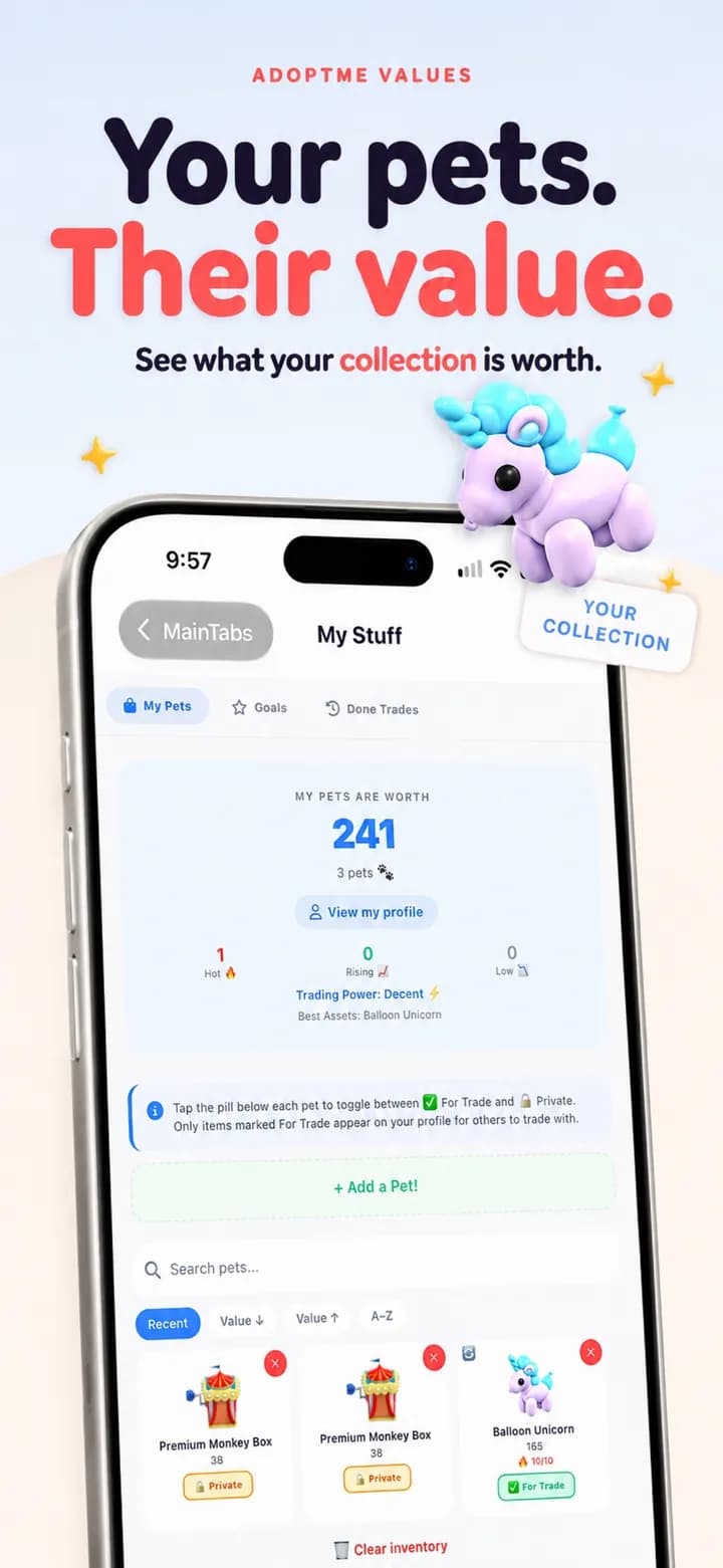My Stuff screen in the AdoptMe Values app showing a player collection and its total trading value