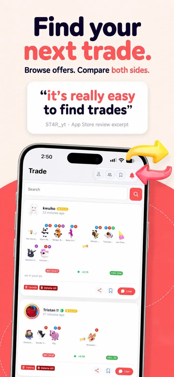 Trade listings in the AdoptMe Values app showing player offers with both sides of each trade