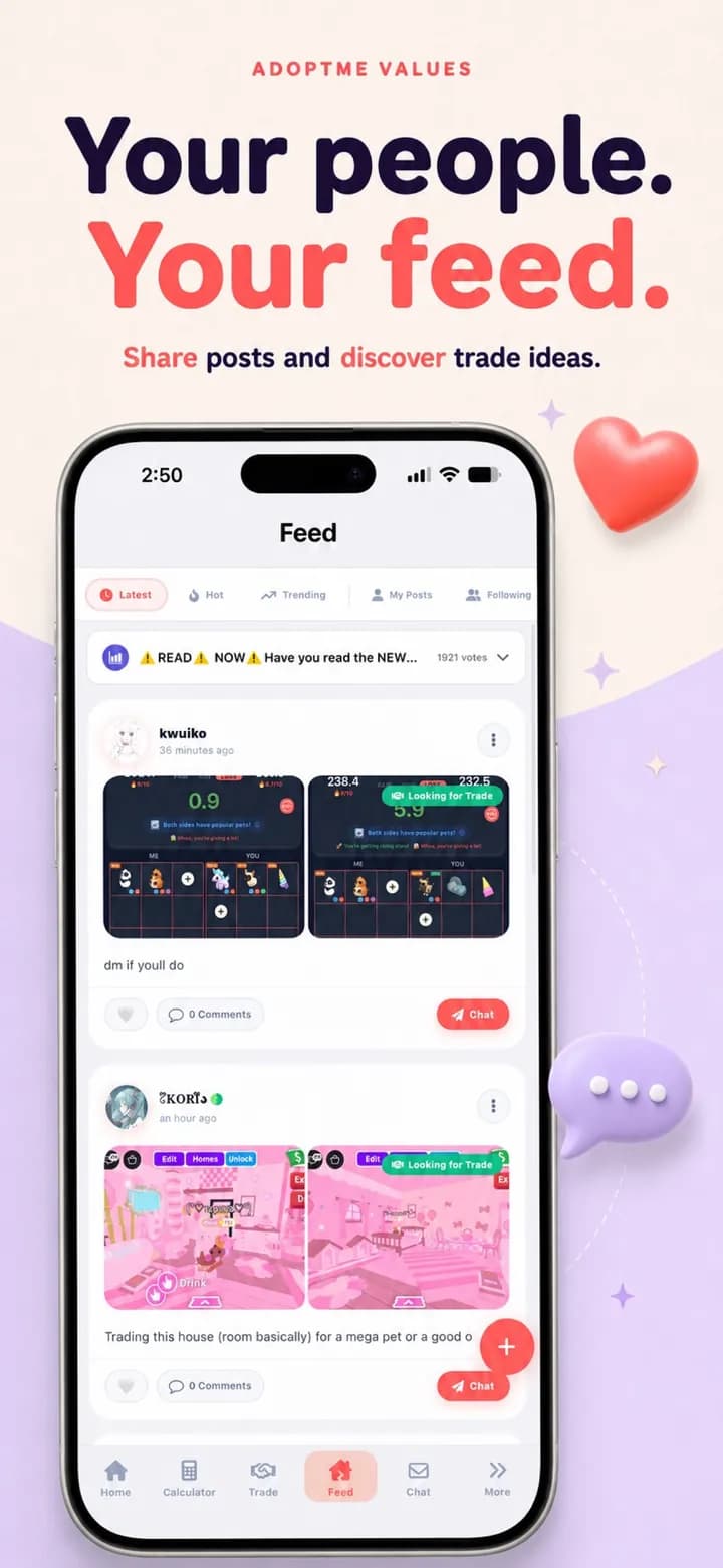 Community feed in the AdoptMe Values app with player posts about pet trades