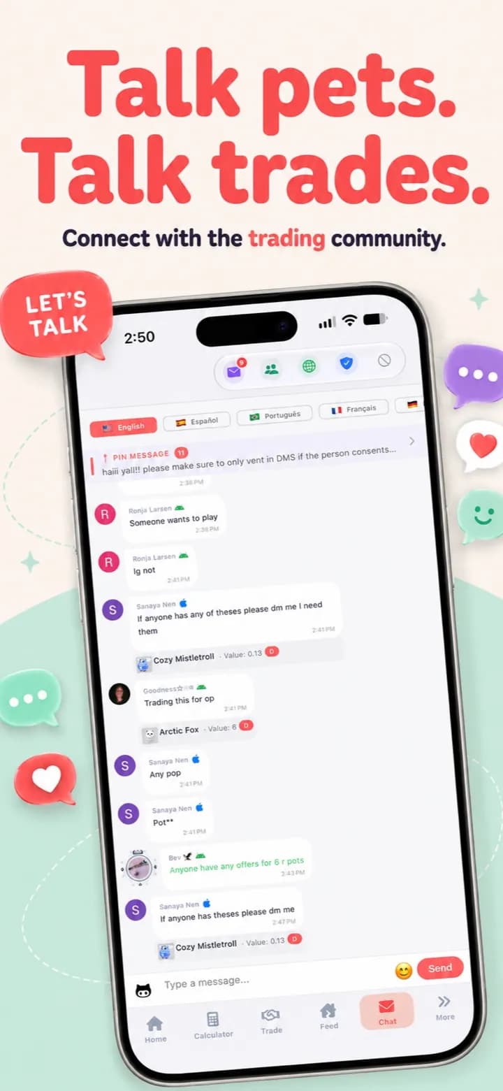 Community chat rooms in the AdoptMe Values app where Adopt Me traders discuss pet trades