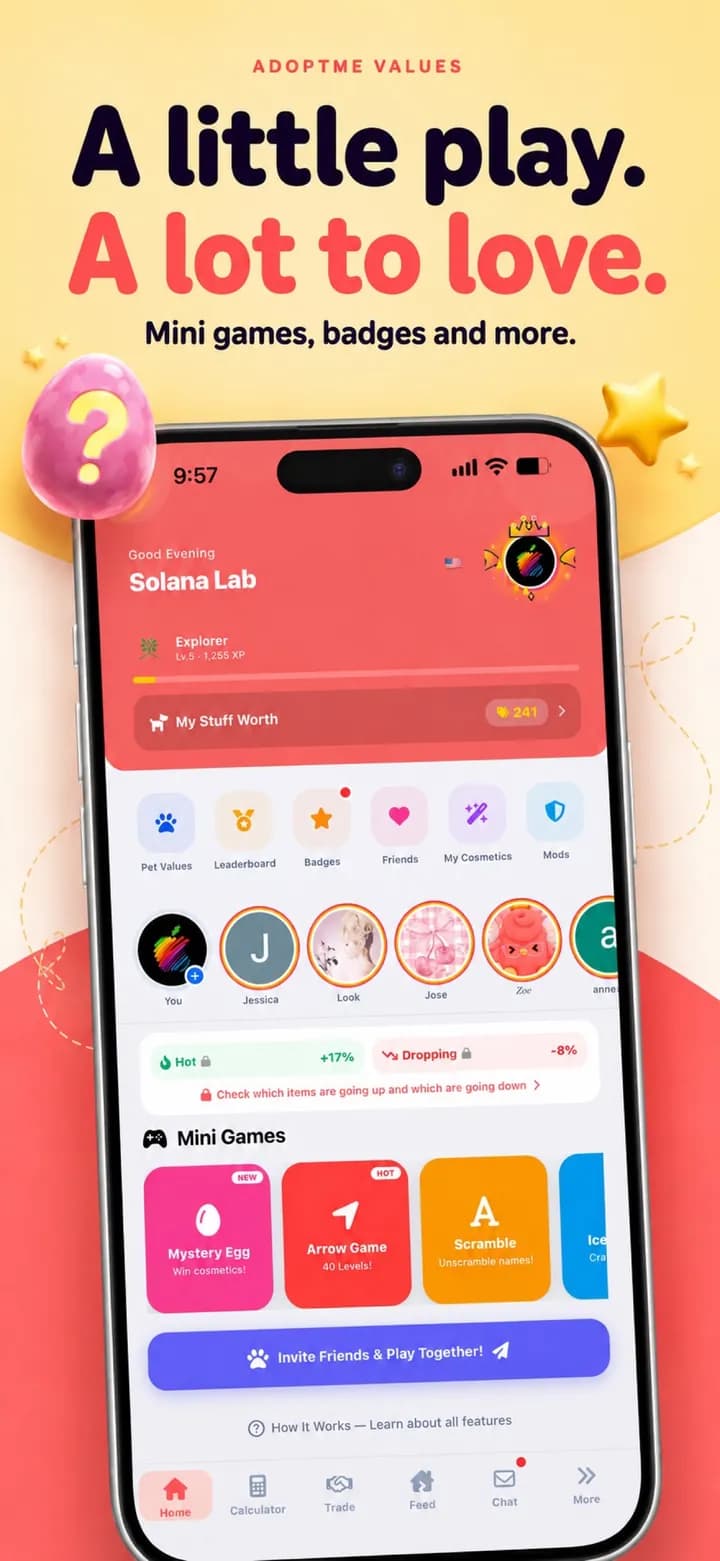 Home screen of the AdoptMe Values app showing the Mystery Egg, Arrow Game and Scramble mini games