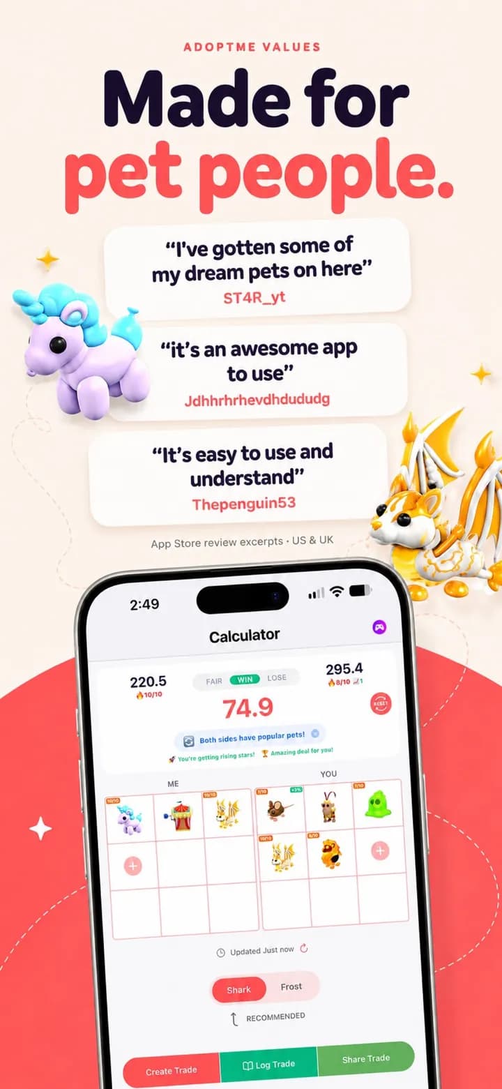 Player review excerpts from the App Store listing for the AdoptMe Values app