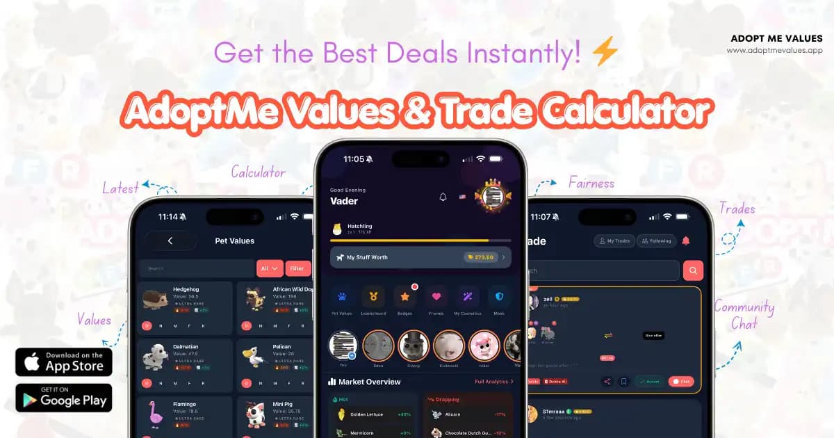 AdoptMe Values & Trade Calculator app — pet values, fair-trade calculator, and community chat shown across three iPhones